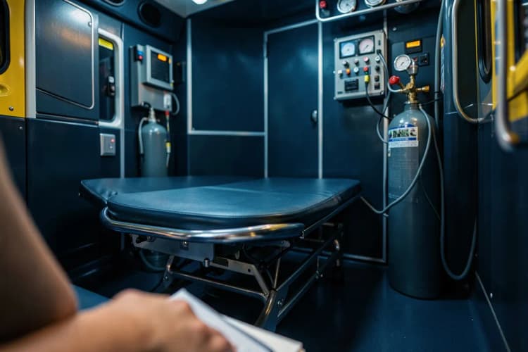 Interior de uma ambulância com equipamentos médicos detalhados