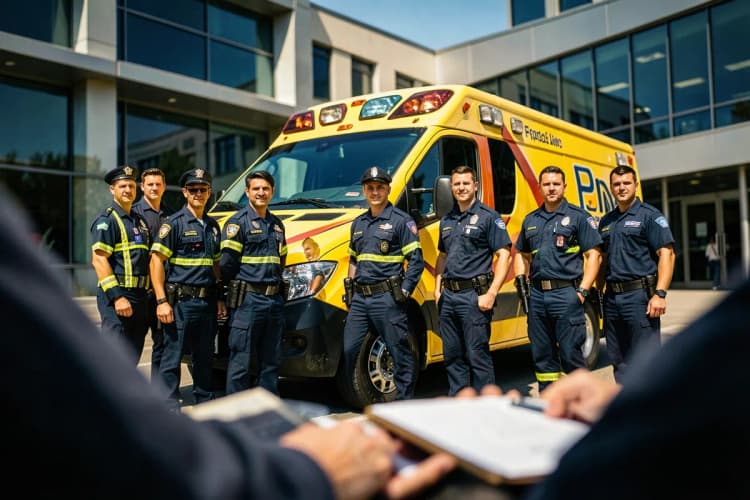 Profissionais de saúde em frente a uma ambulância em um hospital