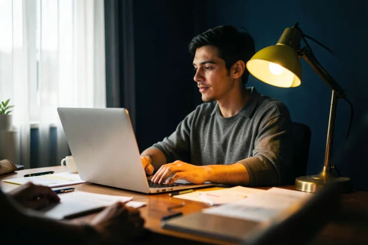 Pessoa sentada em uma mesa com um computador e documentos, parecendo concentrada.