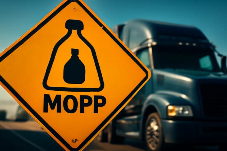Placa de trânsito com símbolo de MOPP e um caminhão ao fundo