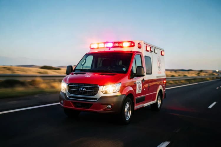 Um veículo de emergência, como ambulância ou carro de polícia, em ação em uma estrada