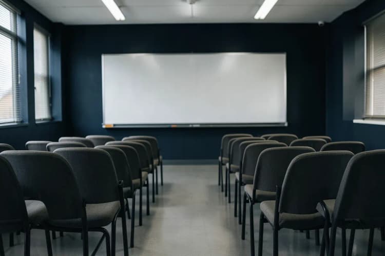 Uma sala de aula com um instrutor explicando algo em um quadro branco
