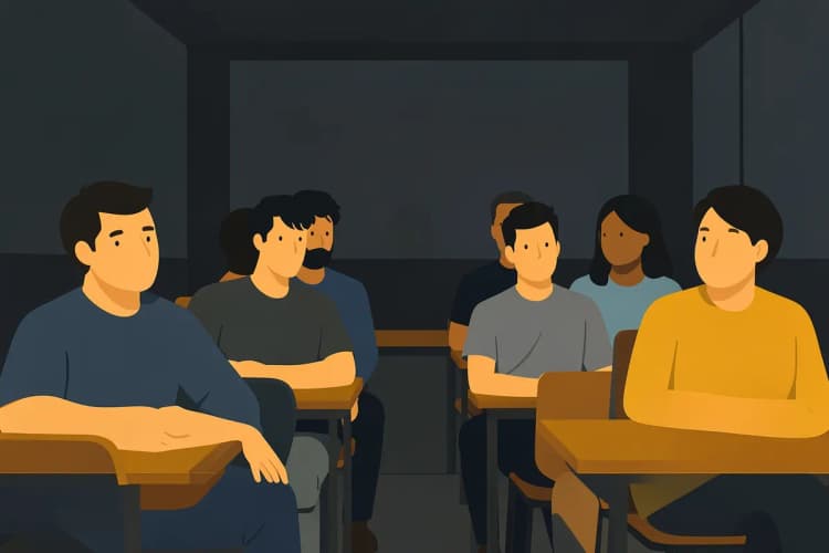 Grupo de motoristas em sala de aula assistindo a uma apresentação