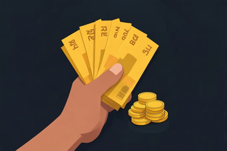 Mão segurando um maço de notas de dinheiro e moedas