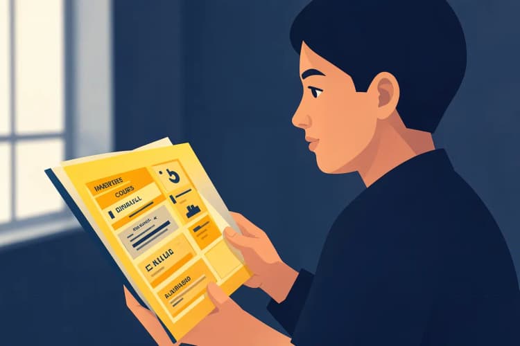 Pessoa pensativa olhando para diferentes opções de cursos em um catálogo